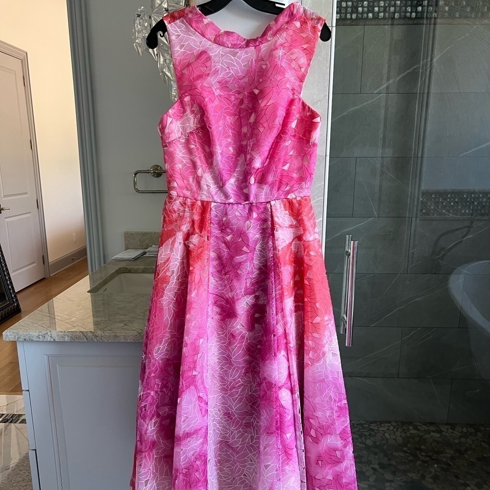 Monique Lhuillier Pink Floral Lace Fit Flare Dress - Picture 6 of 13